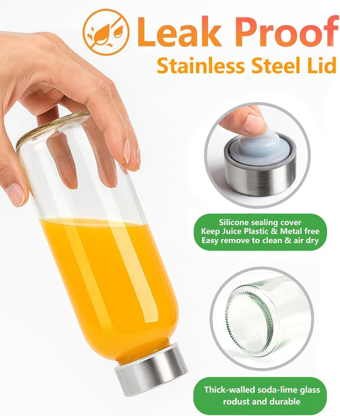 16 oz, 8 Pack Zukro Glass Water Bottles with Lids & Straw Reusable Juice Bottles With Stainless Steel Cap for Juicing