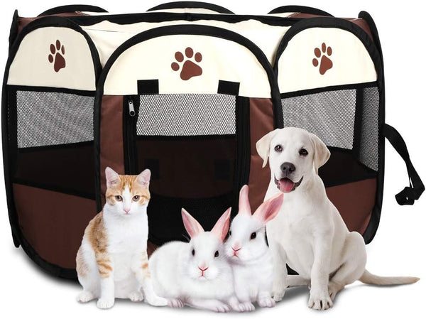 Pet Playpen, Portable Foldable Dog Exercise Kennel, Indoor/Outdoor Mesh Cage for Puppy, Cats, Kittens, Coffee Color