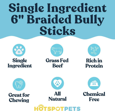 6 Inch (10 Pack) hotspot pets Braided Bully Sticks for Dogs - Stix All Natural Long Lasting Twisted Beef Pizzle Dog