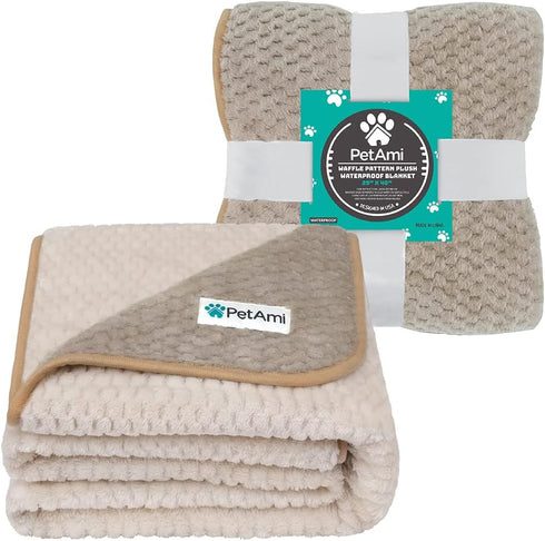 PetAmi Waterproof Dog Blanket, Leakproof Puppy Cover for Small Medium Dogs, Reversible Washable Soft Plush, 29x40 Taupe