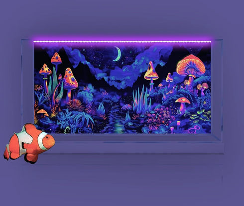 48X20IN Blacklight Mushroom Flower Aquarium Background, UV Moonlight Mountain Forest Landscape with Tape