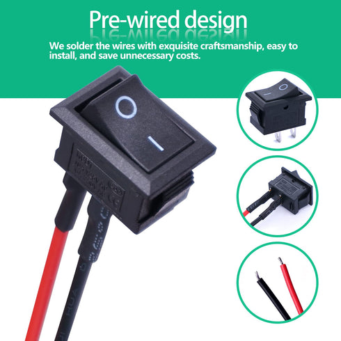 Twidec 10Pcs Rocker Switch - AC 6A/250V SPST 2 Pins ON/Off Car Boat Toggle with Pre-soldered Wires