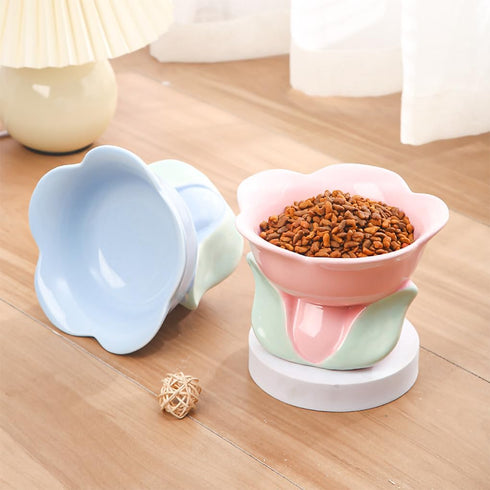 Flower Shape Ceramic Raised Cat Bowl, 8 OZ Pet Food and Water Bowl for Cats and Dogs - Blue - 1 PCS