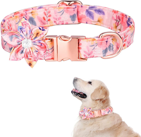 Girl Dog Collar with Detachable Flower, Adjustable Floral Pattern Soft Cotton Collars for Small to Large Dogs