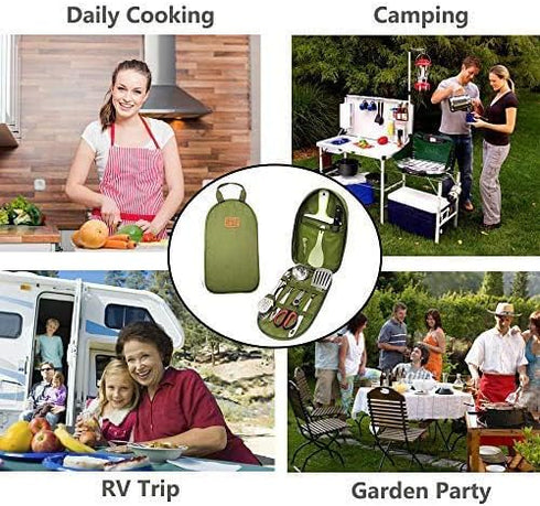 Portable BBQ Camping Cookware Set, Stainless Steel Utensils Travel Kit with Cutting Board, Tongs, Knife, and Spatula