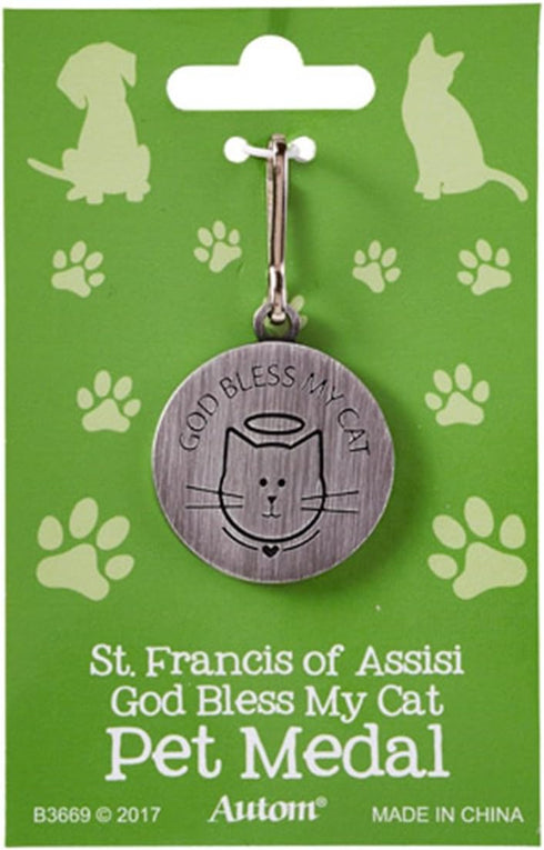 Silver Toned Saint Francis Protect My Pet Medal - 1 Inch with God Bless My Cat Back