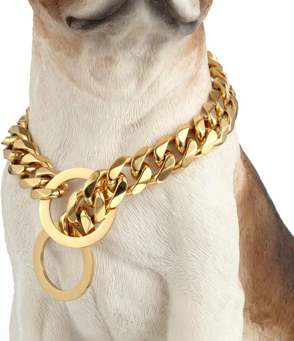 Gold Chain Dog Collar 11/15/19mm Wide Stainless Steel Cuban Link, Slip Choker Chew Proof for Small, Medium, Large Dogs