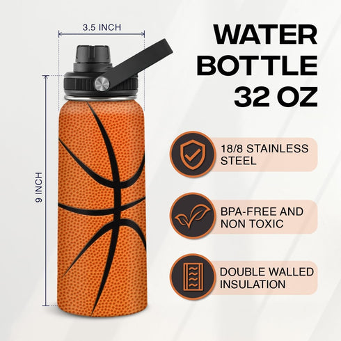 SANDJEST Basketball Water Bottle, 32oz Stainless Steel Insulated for Sports Lovers, Birthday Christmas Gift