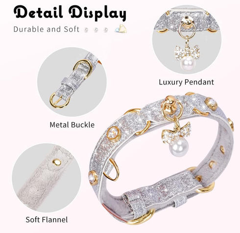 PetsHome Adjustable PU Leather Cat and Dog Collar with Bling Rhinestones, Luxury Pendant, Small Silvery for Big Cat and