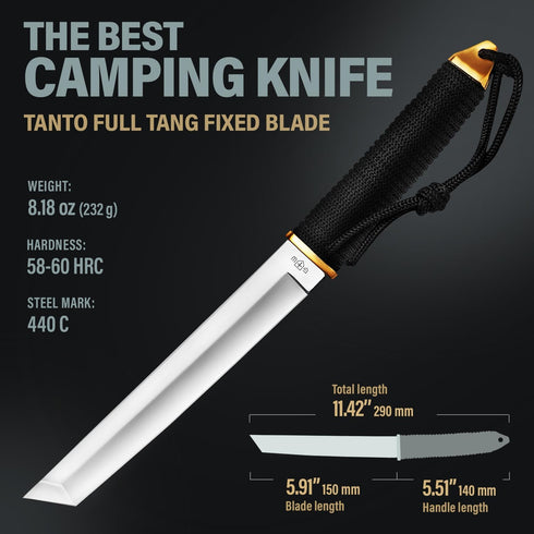 Tanto Knife with Sheath, 5.9" Fixed Full Tang Blade, Cool Tactical Knives for Hunting and Camping