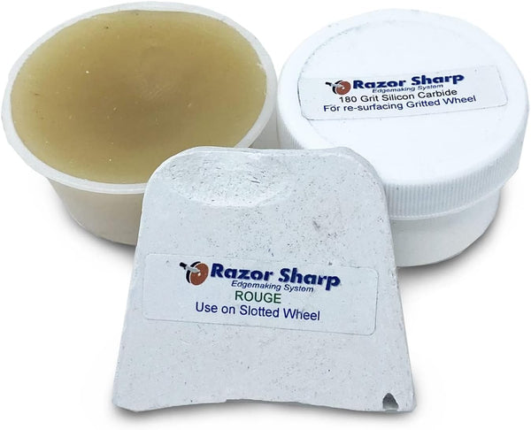 Razor Sharp Edgemaking System Accessories Pack Including Conditioning Wax, Jewelers Rouge and Silicon Carbide Grit |