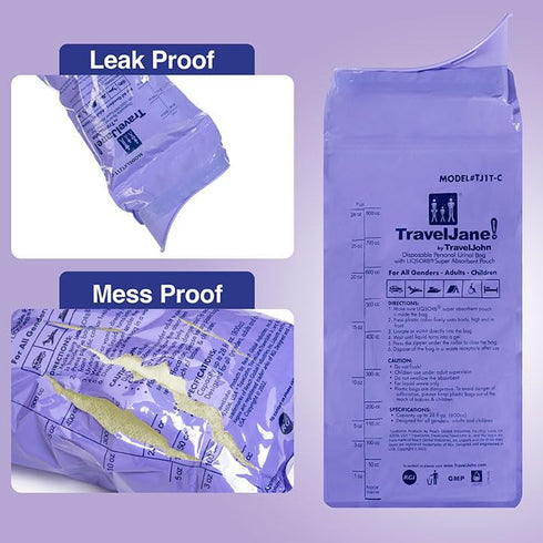 TravelJohn (TJ1T-C) TravelJane Resealable Disposable Urinal Bags Travel Urinal for Women, Men & Kids Odorless Leakproof
