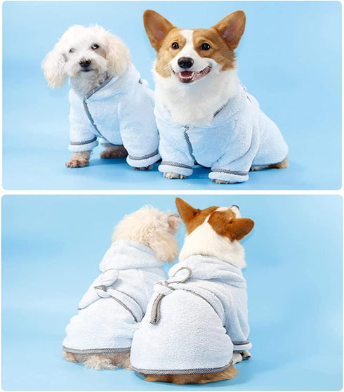 Dog Bathrobe, Microfiber Fast Drying Absorbent Hooded Bath Towel White for Puppy Small Medium Large Dog Cat (L