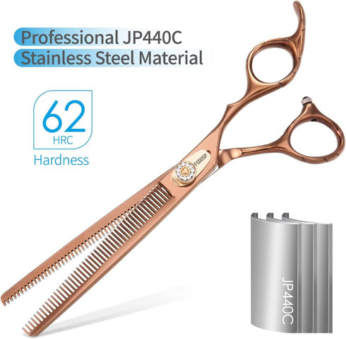 Professional Double Sided Dog Thinning Shears 7'' - 48 Teeth Blender Scissors, 25% Thinning Rate, Japan 440C (Bronze)