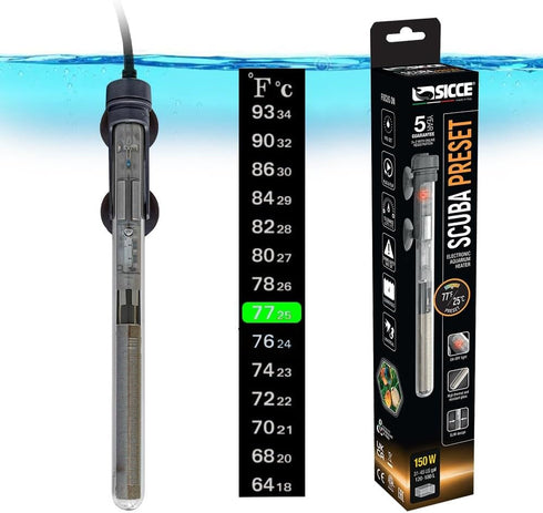 Sicce Scuba 150 Watt Aquarium Heater, Preset at 77? for Up to 45 Gallons, Submersible for Freshwater