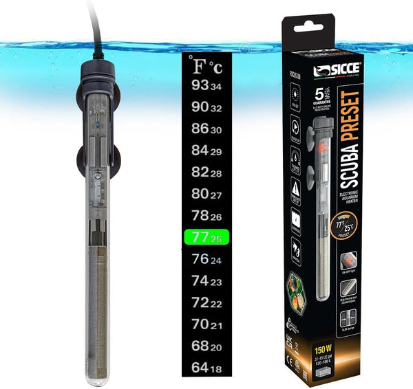 Sicce Scuba 150 Watt Aquarium Heater, Preset at 77? for Up to 45 Gallons, Submersible for Freshwater