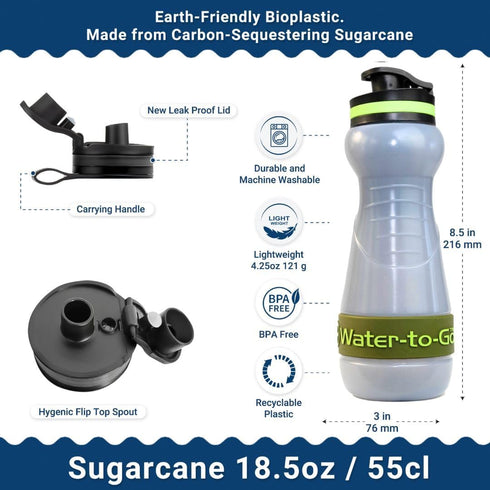 WATER-TO-GO Water Filter Bottle (18.5oz/55cl) - Eco-friendly Bioplastic, Incl. 3-in-1 Purifier Filter, Green Bundle for