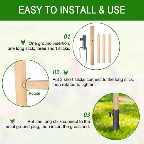 Kalekey Chicken Perch Toy for Coop, Chicken Perch Stand Wooden with Metal Ground Plug, Roosting Bar for Chicken Coop