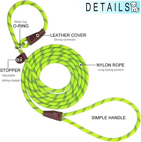 7Ft Slip Lead Dog Leash for Small Dogs, Lightweight Nylon Rope No Pull Training Leash, Green