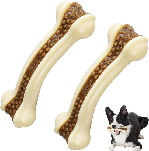 Dog Bones Chew Toys for Aggressive Chewers, 2 Pack Real Beef Flavor for Large Medium Small Puppies