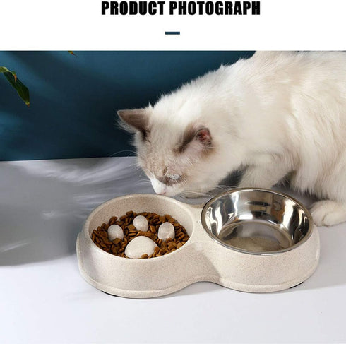 Tineer Double Pet Dog Slow Feeder Bowl, Stainless Steel Anti-Choke Puppy Food and Water Feeder for Cats (Green)