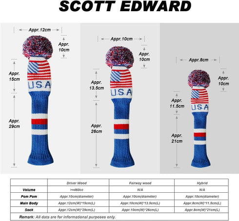 Scott Edward Knit Golf Club Cover Set of 5 with Pom, USA Flag, Protect Driver Wood and Fairway Wood