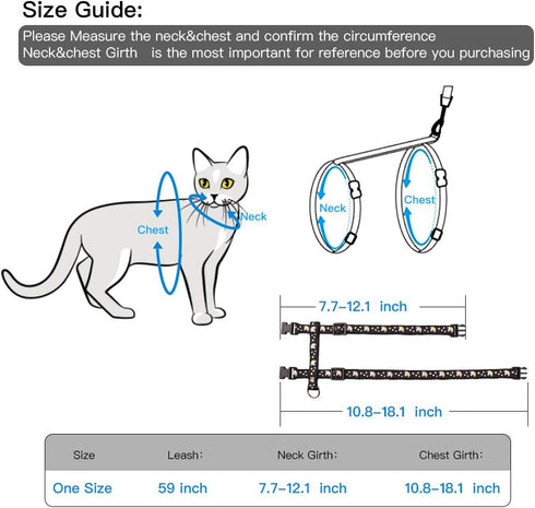 Cat Harness and Leash Set, Soft Nylon Adjustable for Kittens, Glow in The Dark, Black