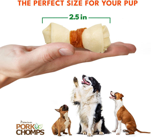 2.5-inch 12 Count Pork Chomps Baked Pork Skin Dog Chews, Mini Knots, Real Chicken Wrap