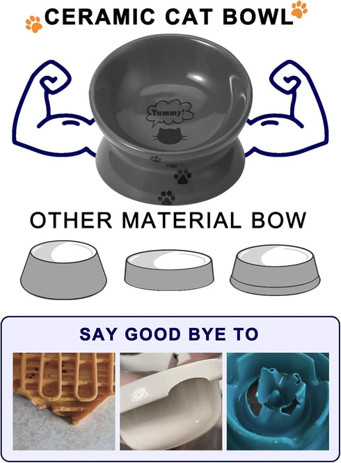 Y YHY Raised Cat Food Bowl, Ceramic Elevated Dish with Title Angle to Protect Cat's Spine, Anti Vomiting, Grey