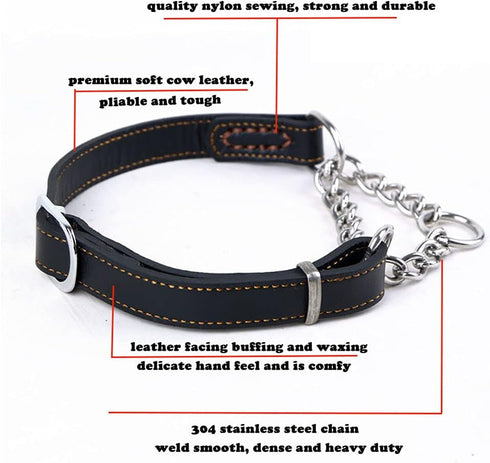 Love Dream Martingale Collars for Dogs, Leather Training Dog Collar, Stainless Steel Chain Anti-Escape No Pull Dog Collar for Medium Large Dogs (L(15.7"-20.9"), Black)