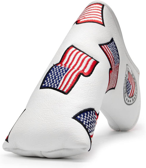 US Flag Golf Putter Cover - Premium Leather Blade Headcover with Magnetic Closure, White Golf Accessories for Men