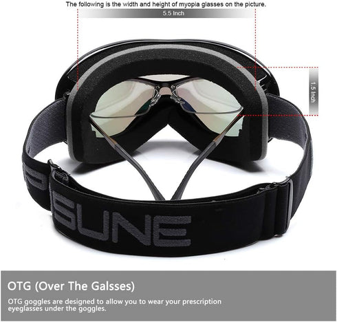 SPOSUNE Ski Goggles Over Glasses with Dual Lens, Anti-fog Anti-UV for Men Women Youth Skiing