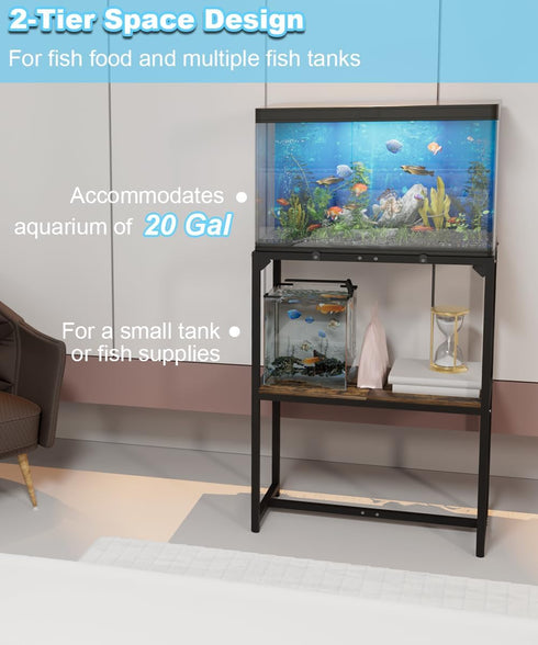 20 Gallon Black Fish Tank Stand, Upgraded Height Aquarium Table with 2 Tiers Storage Shelf, 510 LBS Capacity, 24" L x