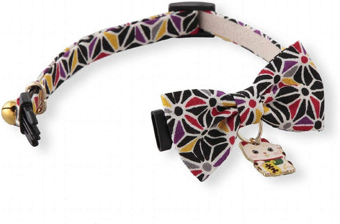 Necoichi Lucky Cat Charm Bow Tie Cat Collar (Black) with Bell, Safety Breakaway Soft Lightweight for Cats, Japanese
