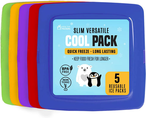 Healthy Packers Multi-Color Slim Long-Lasting Ice Packs for Lunch Box or Cooler Bag (5 Pack)