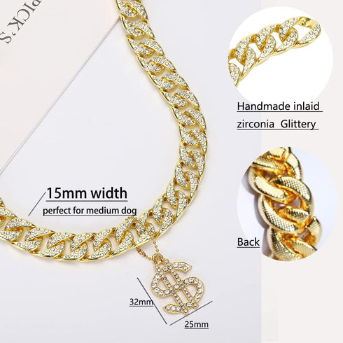 Gold Dog Collar Zircon 14mm Cuban Link Chain Handmade Iced Out Diamonds Exaggerated Adult Young Dog Dollar PendantFull Cz Prong Set Pet Jewelry
