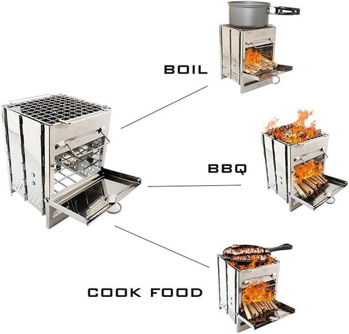 Foldable Camping Wood Burning Stove with Grill, Collapsible Stainless Steel Campfire Stove for Outdoor Cooking