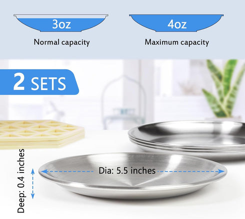 Stainless Steel Cat Dishes for Food and Water - 2 Sets Shallow Style for Kittens and Baby Cats, Relief of Whisker