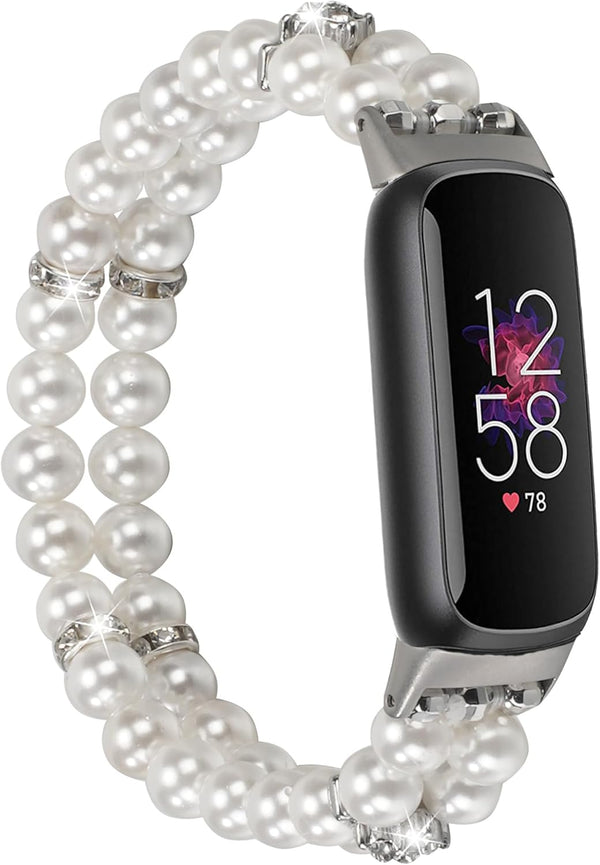 Wongeto Compatible with Fitbit Luxe Bands, Fashion Handmade Elastic Stretch Pearl Bracelet Replacement Strap for Women