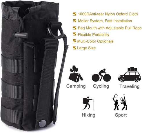 Upgraded Tactical Water Bottle Pouch Bag, Molle Drawstring Holder, Travel Mesh Hydration Carrier