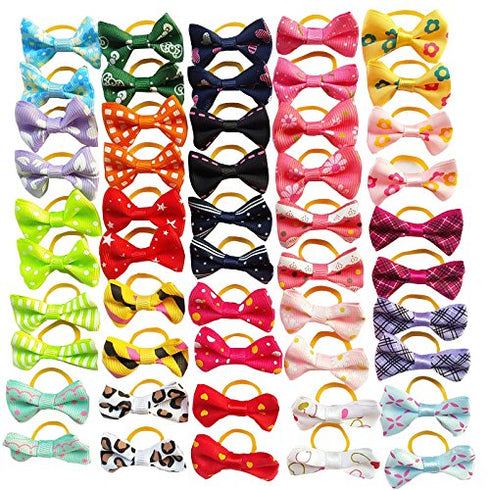 Chenkou Craft 50pcs (25pairs) Dog Cat Hair Bows with Rubber Band, Mix Colors & Patterns, Pet Hair Accessories