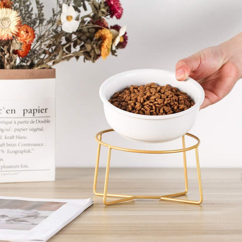 White Small Ceramic Tilted Elevated Cat Dog Bowl, Raised Food Water Dish with Gold Iron Stand for Pet Comfort