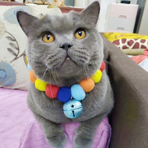 Pom Pom Dog Collar Elastic Cat Collar Decorative Plush Ball Puppy Necklace Eye-catching Pom Pom Pet Collar Necklace with Bell for Taking Photos, Walking, Outdoor Sports (XS, Dark Blue)