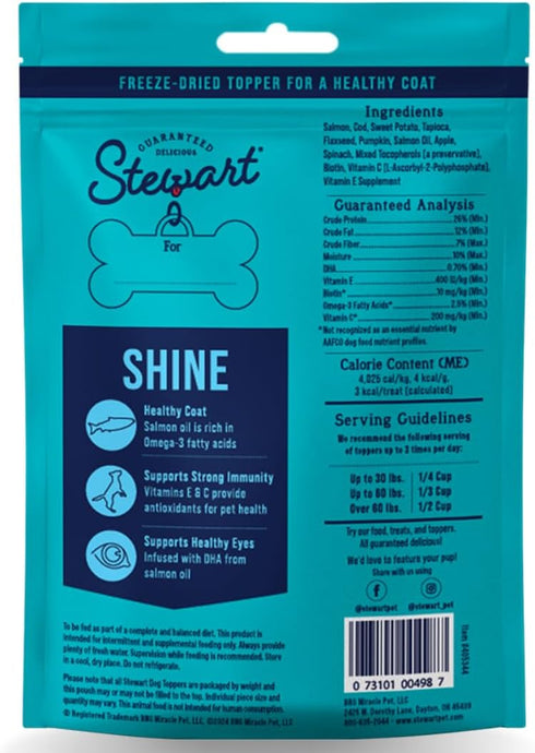 Stewart Freeze Dried Dog Food Topper, Shine, Salmon and Sweet Potato Recipe, 4 Ounce Pouch, Omega-3 for Healthy Coat