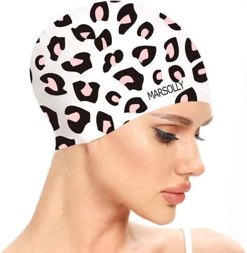 Swim Cap for Women - Silicone Swimming Cap for Long Hair with Leopard Print