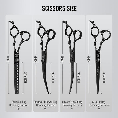 Purple Dragon Dog Grooming Scissors Set - 7 Inch Black Shears with Chunkers, Straight, Curved Scissors and Comb