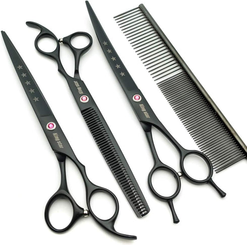 Kingstar 8.0in. Matt Black Professional Pet Grooming Scissors Set - Straight, Thinning & Curved Scissors with Comb