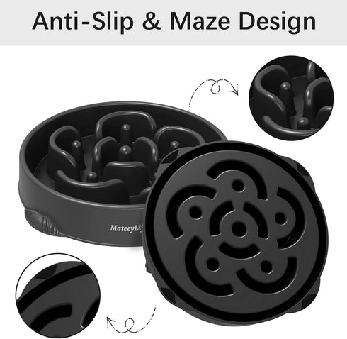 MateeyLife Large Slow Feeder Dog Bowls, Non-Slip Interactive Puzzle Bowls, 4 Cups Black for Large Breeds, Bloat Stop