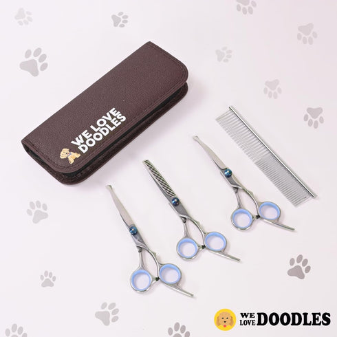 4 Set Dog Grooming Scissors Kit with Rounded Blunt Tips, Straight, Curved & Thinning Shears, Tools for Goldendoodles