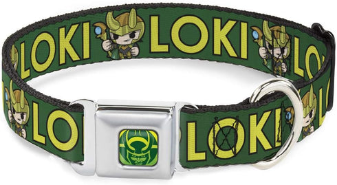 Buckle-Down Dog Collar, Seatbelt Buckle Kawaii Loki Standing Pose Text Green Yellow, 1.5" Wide, Fits 13-18" Neck, Small
